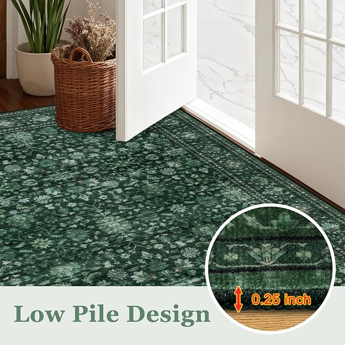 Round Area Rug for Living Room: 8ft Boho Washable Rug Deep Green | Vintage Boho - Image 8