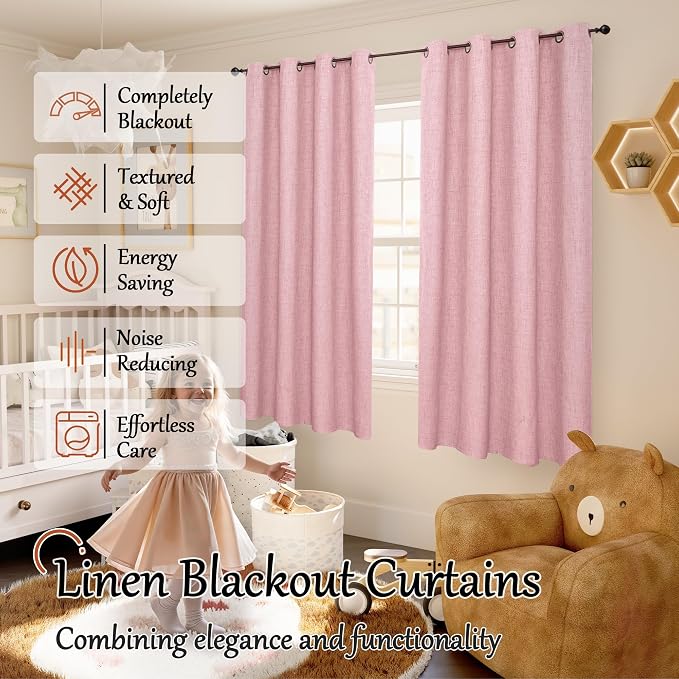 Baby Pink Linen Blackout Curtains 63" Long Each 60 Wide 2 Panels | Thermal - Image 2