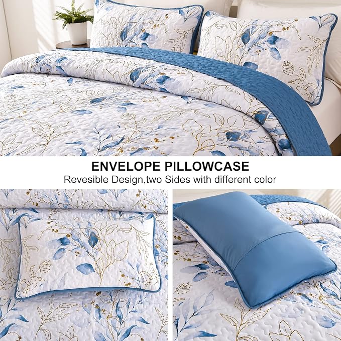 Anibedding Blue Quilt Set California King, Botanical Microfiber Bedspread | 3 - Image 5