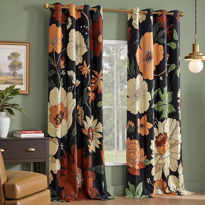 jinchan Black Boho Floral Blackout Curtains 108 Inch Grommet 2 Panels | Room - Image 2
