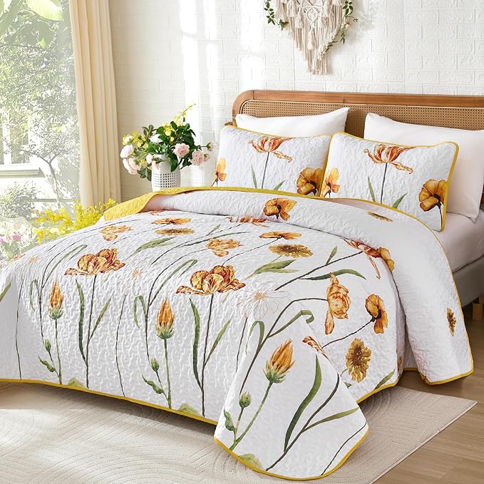 WONGS BEDDING Yellow Quilt Set King Size, Colorful Floral Quilt Set - Image 2