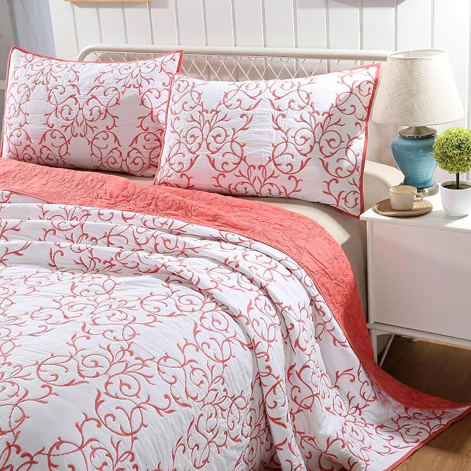 ROOMLIFE Quilt Set King Size 3D Floral Embroidery Pattern 3-Piece Cotton - Image 4