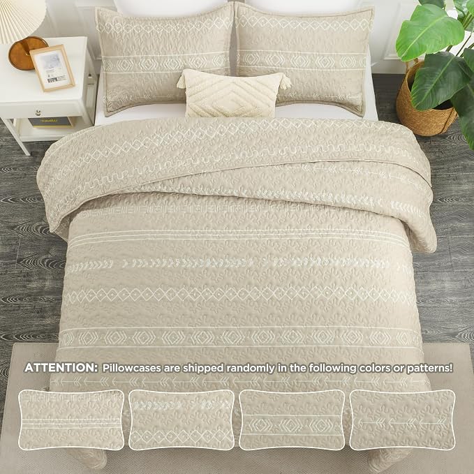 Beige Twin Quilt Set, 2 Pieces Boho Lightweight Striped Bedspread | Soft Beige - Image 8