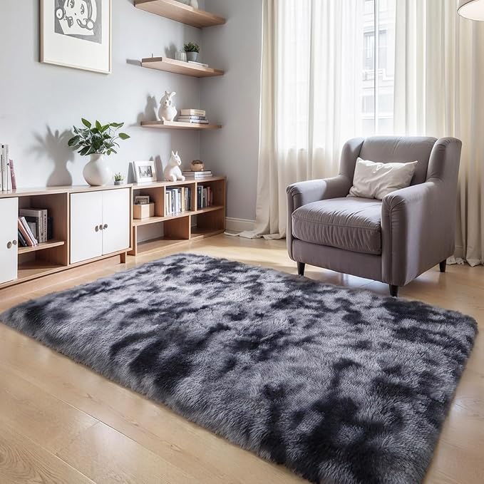 6x9 Thick Tie-dye Dark Grey Shag Rug - Image 6