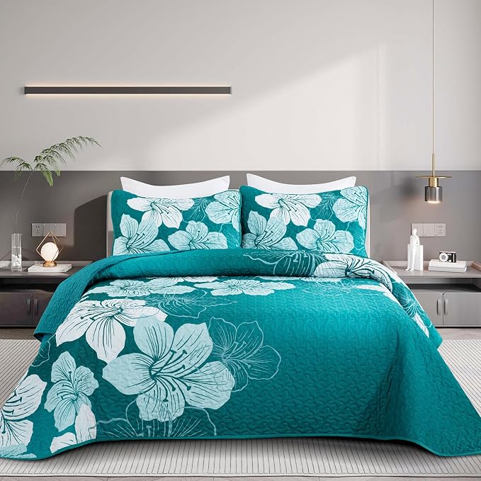 DJY 3 Pieces Quilt Set California King Gradient Green Floral Pattern Quilt by HOME