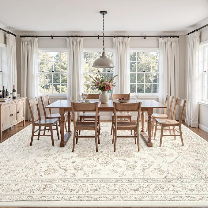 Area Rugs 9x12 Living Room: Bedroom Washable Carpet Beige White | Vintage Boho - Image 3