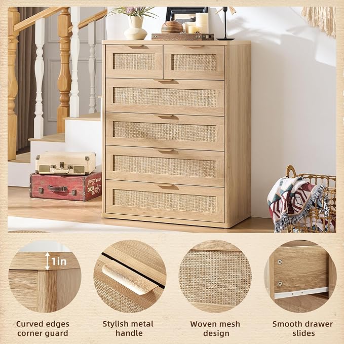 LEYAOYAO Rattan Dresser for Bedroom, Oak Modern 6 Drawers Boho Dressers - Image 4