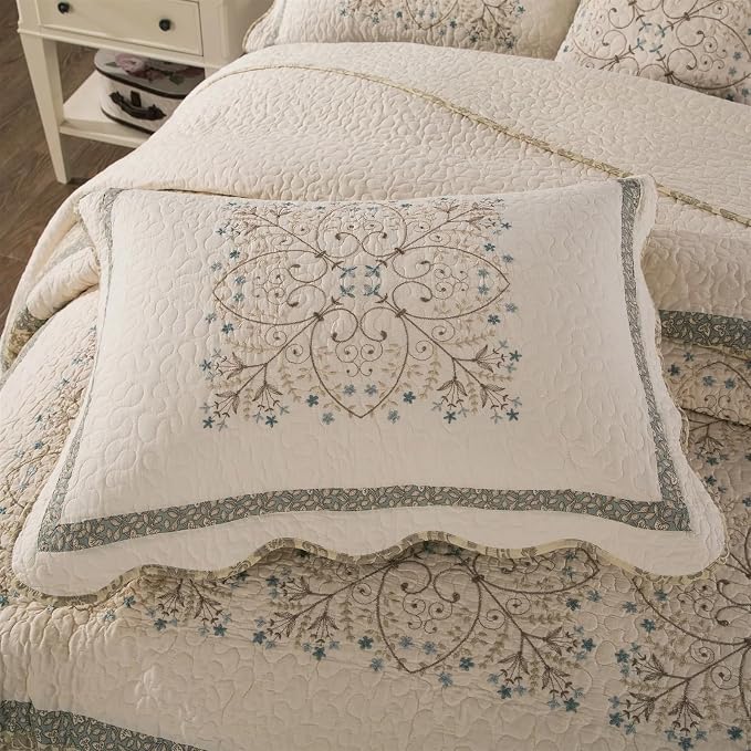 ROOMLIFE Quilt Set Queen Size 3D Floral Embroidery Pattern 3-Piece Cotton - Image 6
