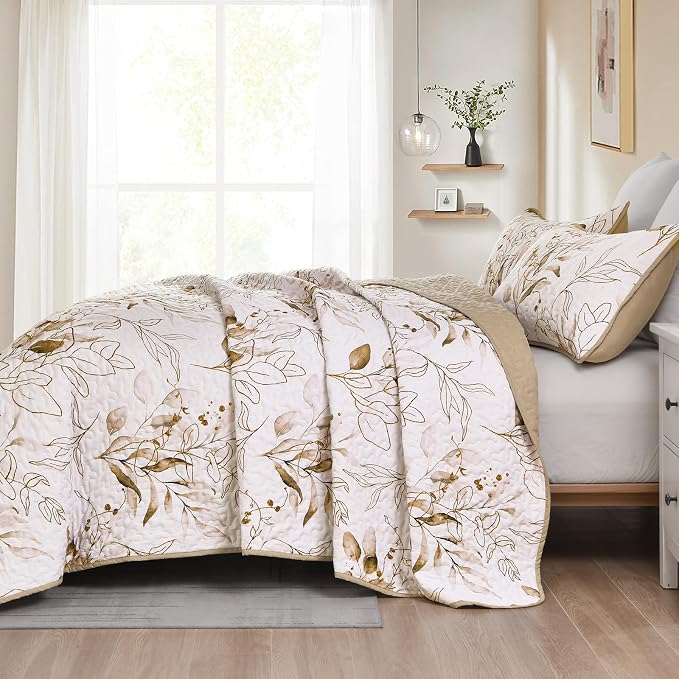 Anibedding Fall Quilt Set Queen Brown Botanical Bedspread - Image 3