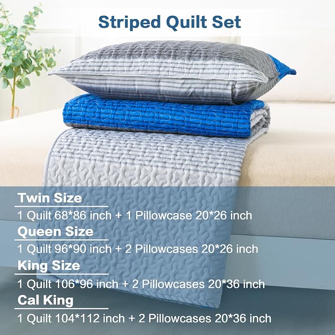 California King Quilt Set Gray Blue, 3 Pieces Bedspreads | Ultra Soft - Image 3