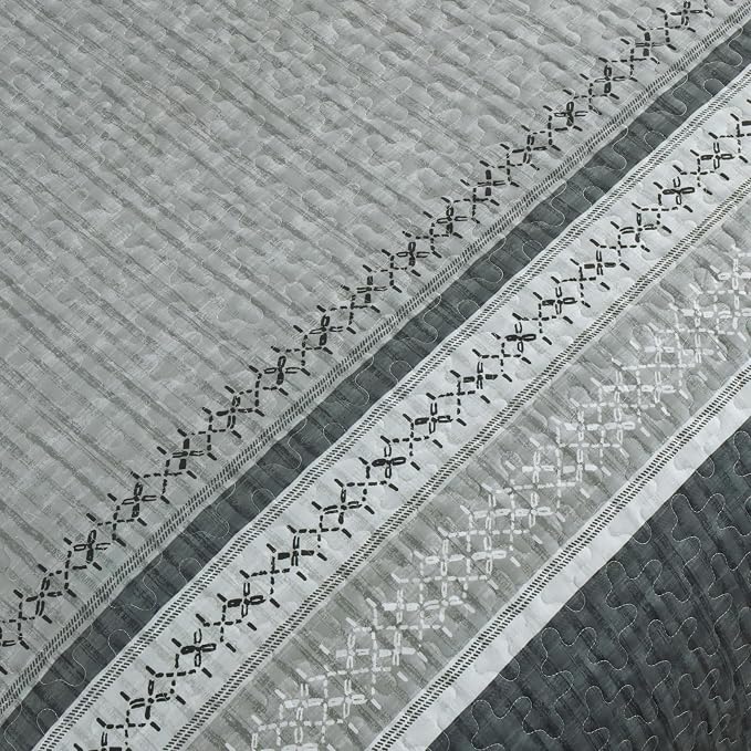 Cottolester Gery Quilt Set King, Soft Striped Texture Bedspread Coverlet Set | - Image 5