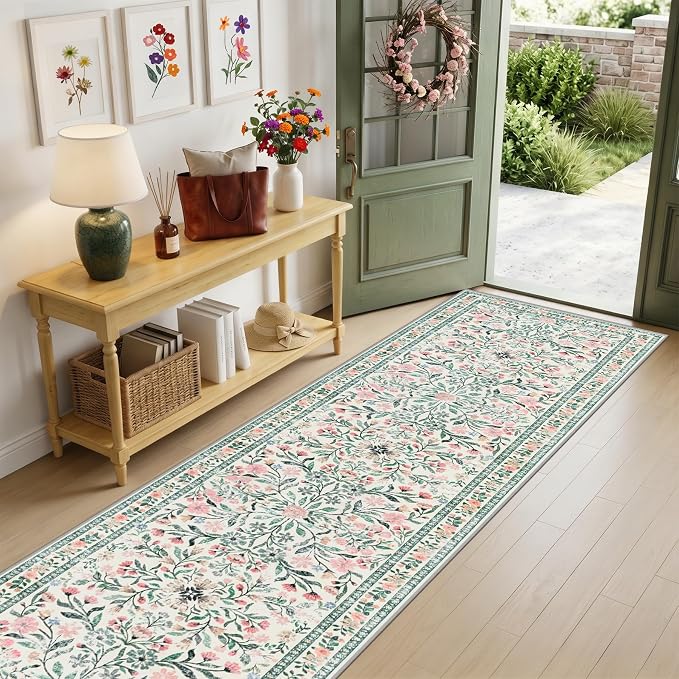 PLHXFR 2.6x10 Washable Runner Rug：Floral Indoor Kitchen Carpet Green Beige | - Image 2