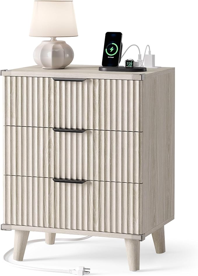 Wood Bedside Table w/Charging Station, 3 Drawers Fluted Dresser | Grey White by Lulive