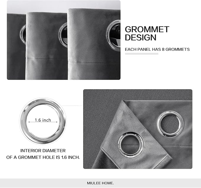 MIULEE Velvet Curtains Grey 52 x 90 Inch Length Set of 2 | Grommet Drapes - Image 2