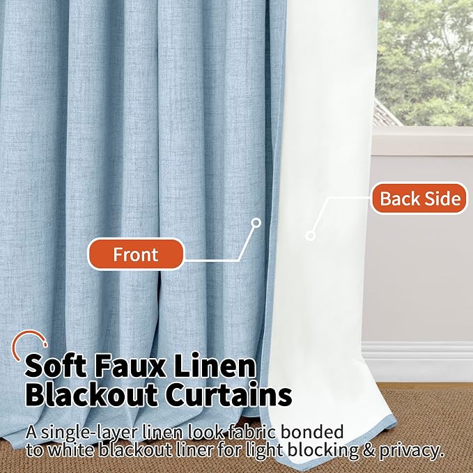 Baby Blue Linen Blackout Curtains 84 Inch Long Each 60 Wide 2 Panels | Thermal - Image 8