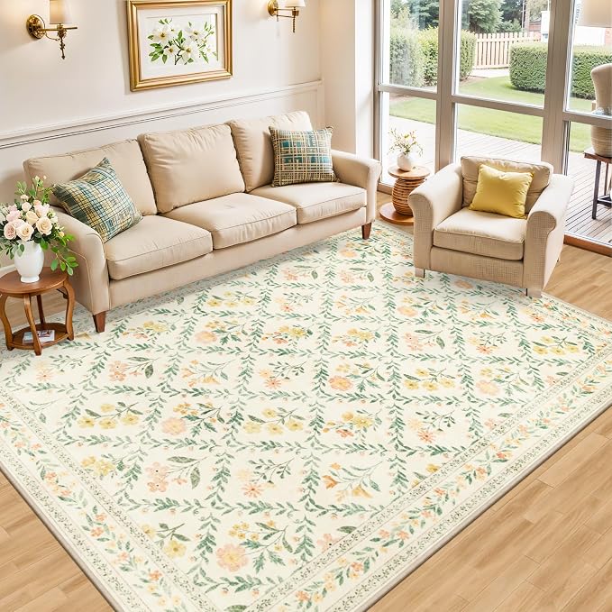 PLHXFR Area Rug Living Room: 5x7 Floral Washable Boho Carpet Beige Multi | - Image 2