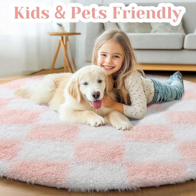 KICMOR Pink Round Rugs 5ft for Girls Bedroom, Fluffy Soft Checkered Circle Area - Image 4