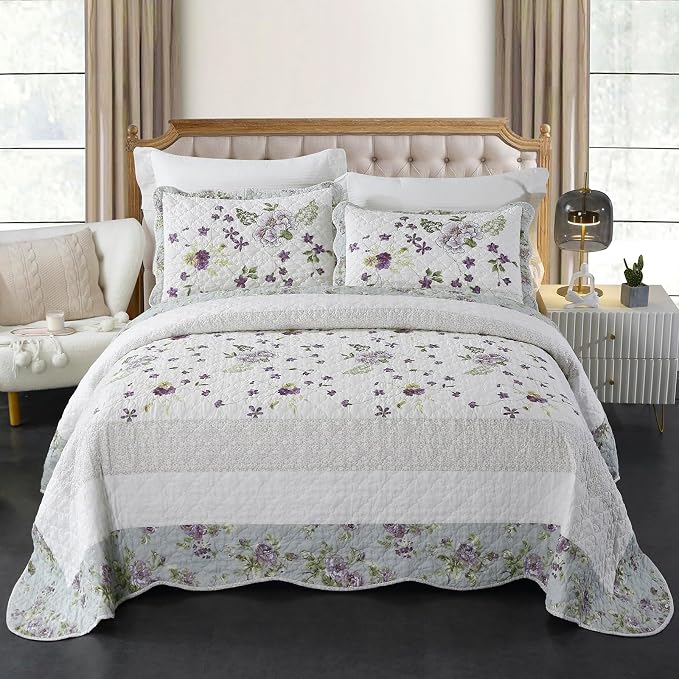 ROOMLIFE Quilt Set King Size 3D Floral Embroidery Pattern 3-Piece Cotton - Image 2