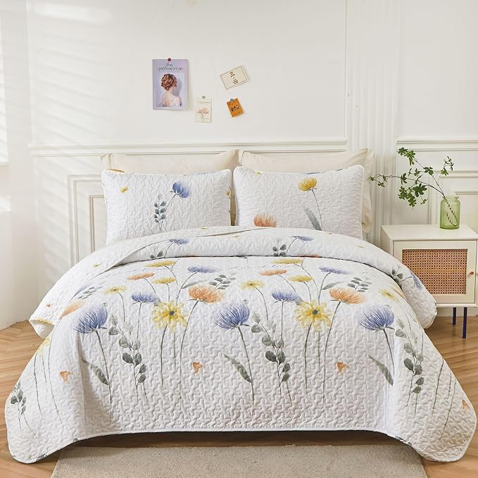 Dinjoy Floral Quilt Set Queen Colorful Flower Bedspreads - Image 6