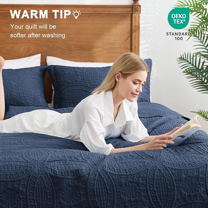 Love's cabin California King Size Quilt Bedding Set Navy Bedspreads - Image 4
