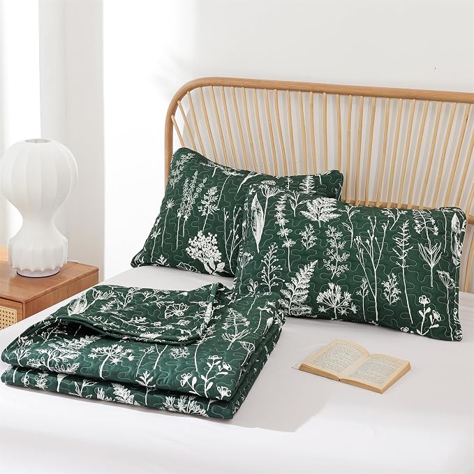 JANZAA Quilts Queen Size, Emerald Green Bedspread Floral Bedding Set 3 Pcs | - Image 8