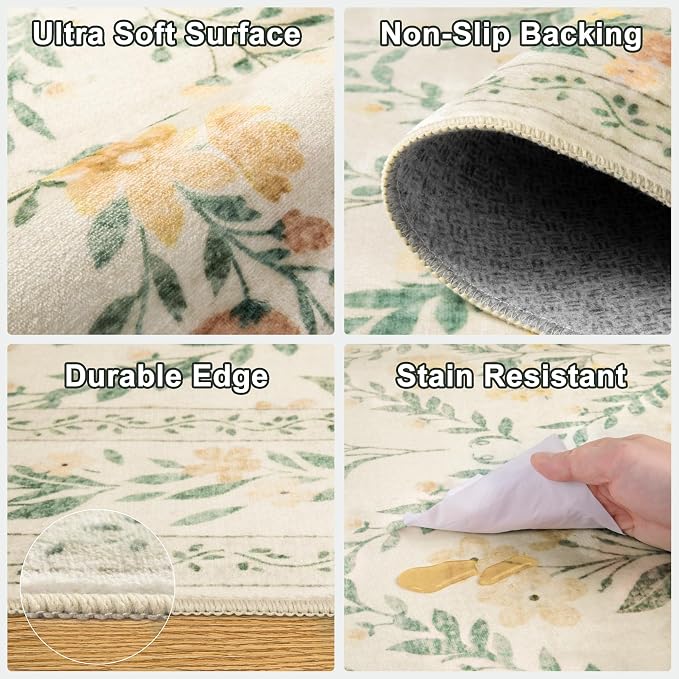 PLHXFR Area Rug Living Room: 3x5 Floral Washable Boho Carpet Beige Multi | - Image 7
