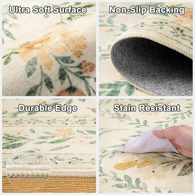 PLHXFR 2.6x10 Washable Runner Rug：Floral Indoor Kitchen Carpet Beige Multi | - Image 8