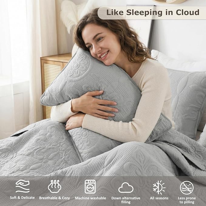 Light Grey Damask Quilt Queen Size Bedding Sets - Image 3