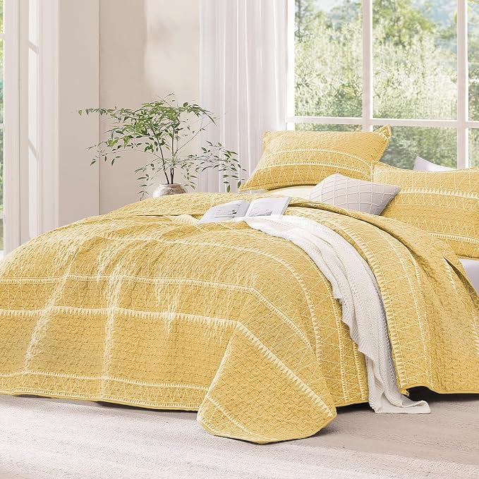 Yellow King Size Quilt Set, 3 Pieces Boho Striped Bedspread | Soft Lightweight by Andency