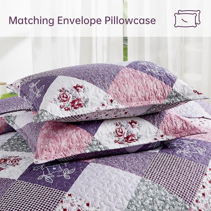 Dinjoy Purple Quilt Set King Size, Reversible Boho Patchwork Bedspreads | Soft - Image 6