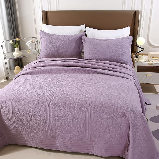 ROOMLIFE Quilt Set Full Size 3D Floral Embroidery Pattern 3-Piece Cotton - Image 2