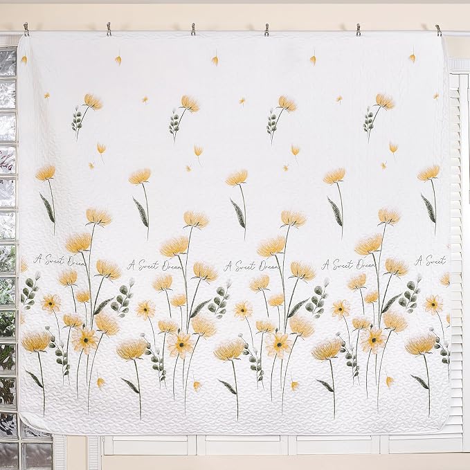 Dinjoy Twin Quilt Set, 2 Pieces Yellow Floral Bedspread Bedding Set | Mustard - Image 3