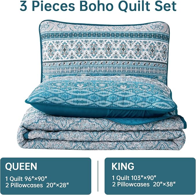 WONGS BEDDING Boho Queen Quilt Set, Teal and Blue Bohemian Quilt Bedding Set - Image 7