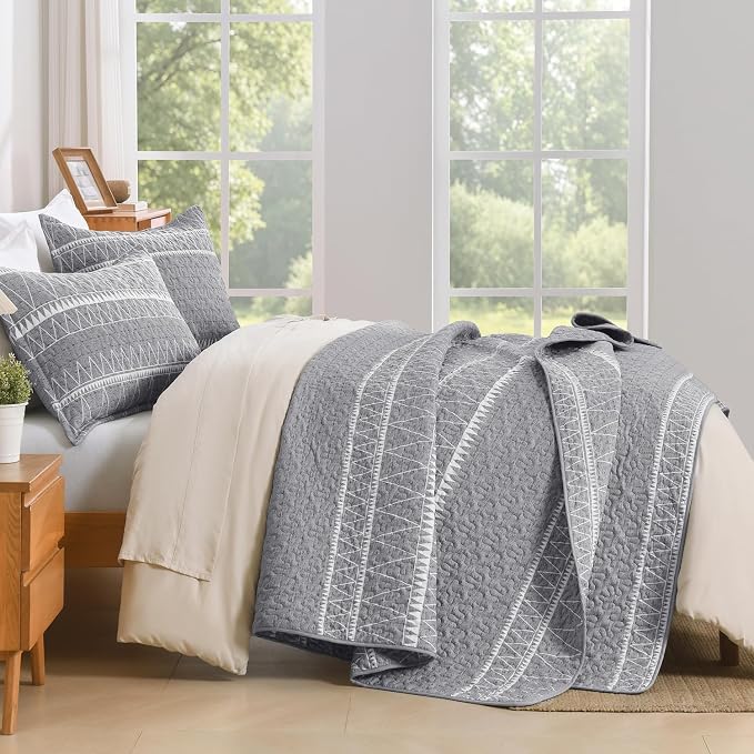 Oversized Super King Quilt Set Grey, 3 Pieces Striped Bedspread | Boho Soft - Image 3