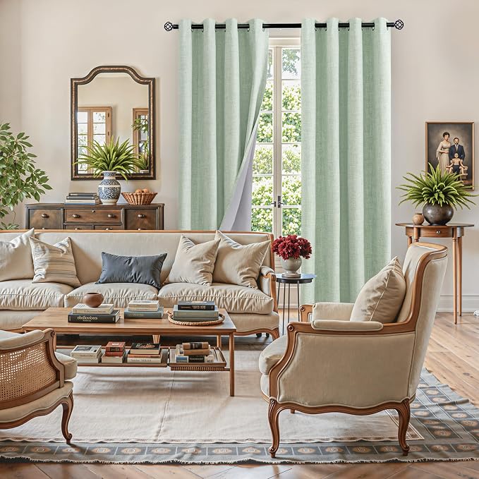 YoungsTex Sage Green Blackout Linen Curtains 84 Inch Length - Image 3