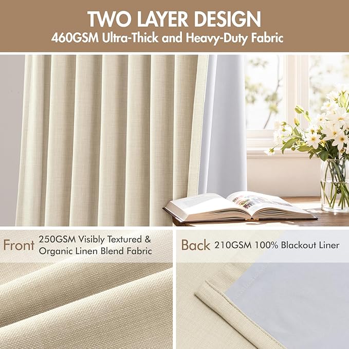 MIULEE Pinch Pleated 100% Blackout Curtains 40"x96" Long Cream 4 Panels Set | - Image 4