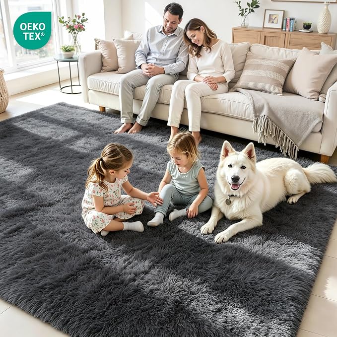 8x10 Fluffy Area Rug for Living Room: Soft Non-Slip Grey Bedroom Carpet | Ultra - Image 4