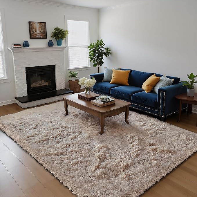 Beige 6x9 Area Rugs for Living Room, Fluffy Shag Rug Bedroom Carpet | Upgraded by Yongyangjuxi