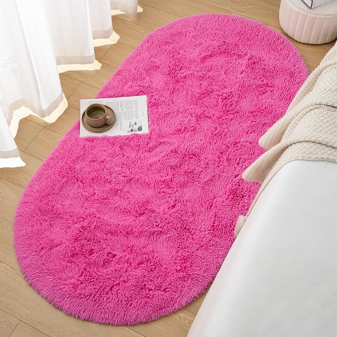 Goideal Fluffy Bedroom Rug, Small Oval Area Rugs, Hot Pink Shag Bedside Carpet - Image 4