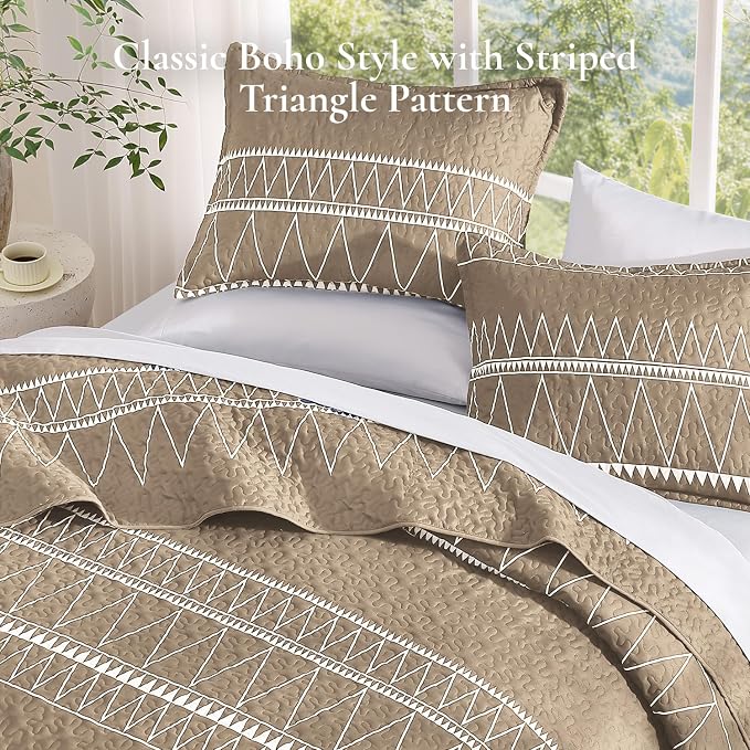 Taupe California King Quilt Set, 3 Pieces Boho Striped Bedspread | Soft - Image 4