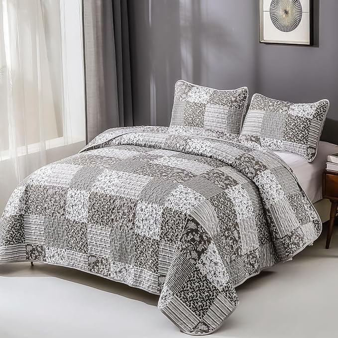Mybedsoul Grey Boho Quilt Set King Size, 3 Pieces Plaid Floral Bedspread - Image 2