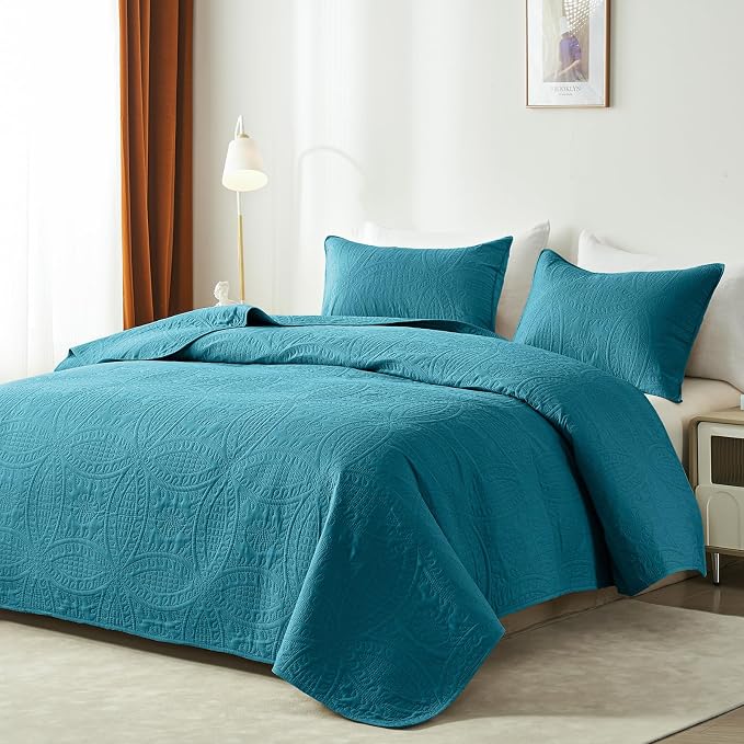 akkialla 118"x106" Teal California King Quilt Set, Oversized Floor-Length - Image 2