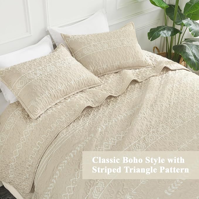Beige California King Quilt Set, 3 Pieces Boho Striped Bedspread | Soft - Image 4