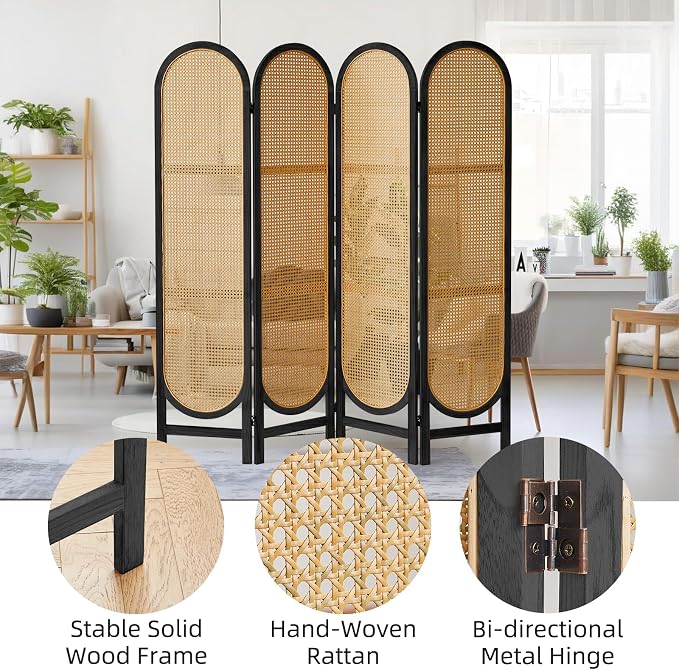 4 Panel Rattan Room Divider, Folding Room Divider Screen, Arched Room Separator - Image 2