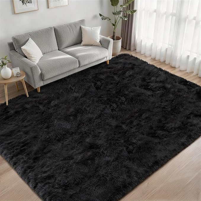 Area Rug Living Room Bedroom: 6x9 Fluffy Plush Shag Carpet Black | - Image 2