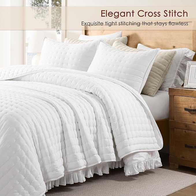 WDCOZY White Oversized King Quilt Set, California Cal King Rustic Bedspread - Image 3