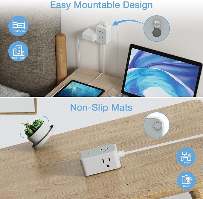 TESSAN Small Flat Plug Power Strip, Ultra Thin Extension Cord 10 ft, Wall - Image 7