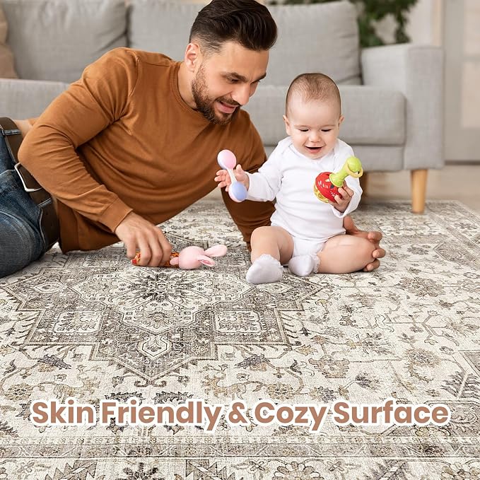 cotiled 10x12 Area Rug for Living Room, Traditional, Light Brown | Soft - Image 4