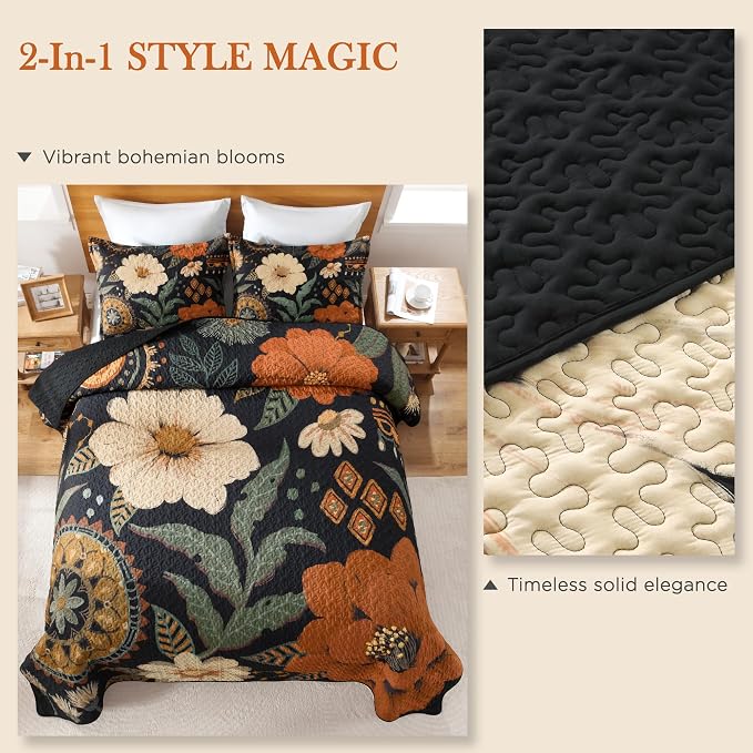 Oversized King Quilt Set Black, 120x120 Floral Super King Bedspread | 3 Pieces - Image 9