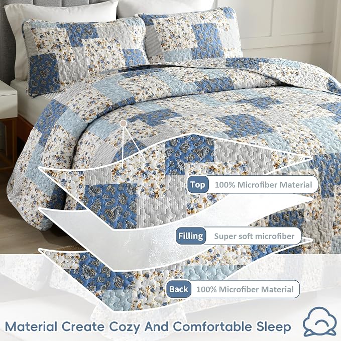 Mybedsoul Light Blue Quilt Set King Size, 3 Pieces Boho Plaid Floral Bedspread - Image 3